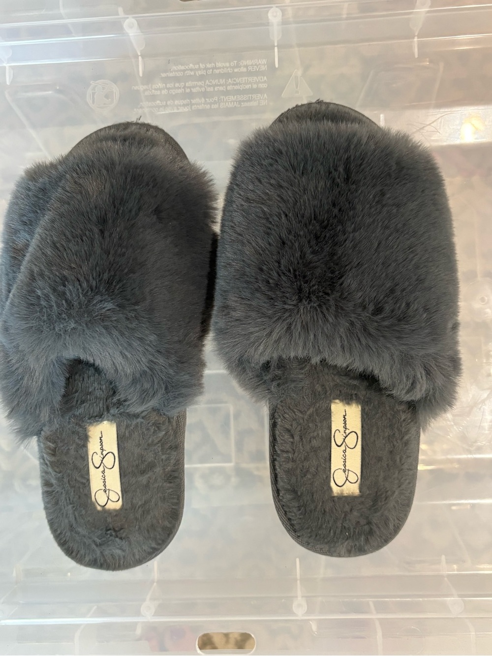 Jessica Simpson Plush Slide Slippers - Charcoal Gray Faux Fur